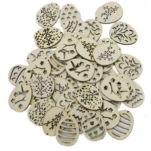 (50pcs/pack) 37*28mm Easter Wooden Easter Egg Handmade Hollow Wood Chips Pendant Holiday Party Home Decoration DIY Creativity