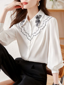 Elegant French Embroidered Long Sleeve Chiffon Blouse