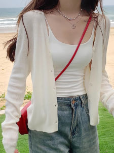 เสื้อคาร์ดิแกนไหมน้ำแข็งบางๆ ป้องกันแสงแดด ทรงเข้ารูป แขนยาว ปกติ คอวี สีพื้น สำหรับผู้หญิง ฤดูใบไม้ร่วง 2025