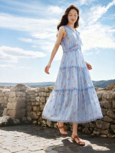 INMAN | Floral Ruffled Sleeveless Long Dress V-Neck with Tie
