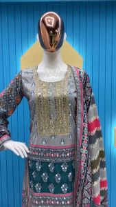 Top Pants And Dupatta Set Maslin Embroidery Printed Mirror Punjabi Suit Premium Quality By Fashion Divaa