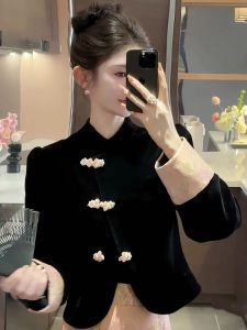 Chic Chinese Style Velvet Coat And Skirt Set with Button Details Womens Fashion Ensemble Long Sleeve Stand Collar Button up