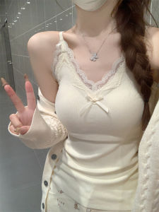 Adjustable Strap Lace Trim V-Neck Womens Camisole Tank Top Early Autumn Base Layer Shirt with Chest Pad Inner Wear Vest