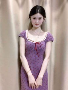 CHANGTONG | ชุดเดรสยาวลายดอกไม้สีม่วงสไตล์เกาหลี ทรงเข้ารูป แขนสั้น คอกลม กระโปรงทรงเอ ผ้าฝ้ายผสมโพลีเอสเตอร์