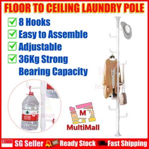 Adjustable Standing Laundry pole Tension Rod with 8 Hooks Multi-functional Drying Stand for Drying or Hanging Scarfs Hats Caps Towels Clothes Blouses Bags and Coats