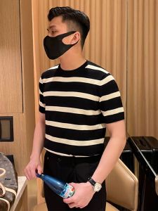 Summer New Style Slim Fit Mens Short Sleeve T-Shirt Knitted Base Shirt Inner Wear Top Fashionable Color Block Striped Mens Fashion