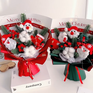 SG Stock Handmade Christmas Flower Bouquet Wool Knitted Pine Branch Holly Rose Santa Clause Christmas Gift set