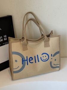 Large Capacity Canvas Tote Bag Womens Fashionable Versatile Single Shoulder Handheld Commuting Bag Hello Smiley Face Design