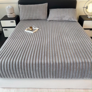 Striped Velvet Garterized Bed Sheet Super Soft Fluffy Comfortable Fleece Bedsheet Pillowcase