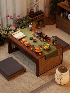 โต๊ะชาไม้แท้สไตล์จีนใหม่ โต๊ะรับแขกขนาดเล็ก โต๊ะพับได้ ชั้นวางของสำหรับตกแต่งบ้าน โต๊ะยาวทรงกลม