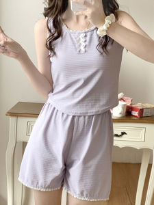 หวาน สีม่วง ปมผีเสื้อบริสุทธิ์ ผ้าฝ้าย ผู้หญิง ชุดนอน ฤดูร้อน แผ่นรองหน้าอก เสื้อกั๊ก กางเกงขาสั้น เสื้อผ้าบ้านชุดสองชิ้น