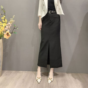 High Waist A-Line Skirt Black Suiting Fabric Womens Fashion Spring Summer New Style Long Elegant Split Midi Skirt