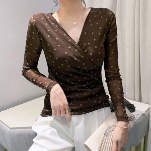 YIMEI New Womens Long Sleeve Mesh Top 2023 Autumn Slim Fit Cross V-neck Polka Dot T-shirt