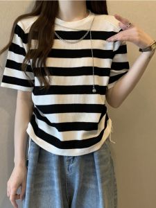 Ice Silk Stripe T-Shirt Women Summer Large Size Base Shirt plus Size Slimming Belly Covering Shoulder Length Drawstring Top