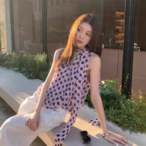 chaqi | French Pink Dot Sash Sleeveless Shirt Vintage Loose Womens Summer New Design Breathable Casual V-neck Printed Outerwear