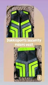 Dakkisports security riders vest with neon green reflective accents for visibility.