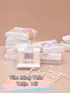 Gói 100 Tăm bông thân gỗ ngoáy tai nặn mụn thân thiện với môi trường - Set 100 tăm bông đa dụng thân gỗ - Bông gòn mềm mại kháng khuẩn an toàn khi sử dụng