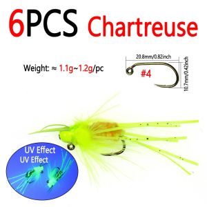 Bimoo 6PCS #4 Brass Bead Head Girdle Bug Jig Fly Grizzly Rubber Legs Fast Sink Stonefly Barbed Jig Hook Wet Trout Fishing Lures