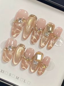 เล็บปลอมยาวประดับเพชรสีแชมเปญ ลายคลื่นน้ำ ทำด้วยมือ สำหรับใส่ได้ ชิ้นส่วนเล็บปลอม อุปกรณ์เสริมความงาม แต่งเล็บ