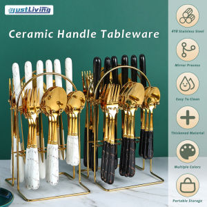 JustLiving 24pieces/set Ceramic Porcelain Handle Stainless Steel Cutlery Set with Organizer Hanger Stand–European Style Kitchen Dining Spoon Tea Spoon Fork Dinnerware Tableware