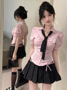 GUZILIAN | Campus Style Embroidered Polo Collar Two-Piece Set