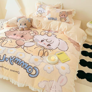 Japanese Mikko Joint Name Milk Fiber Bed Four-Piece Set Kids Cream Yellow Quilt Cover Thick Coral Fleece Winter