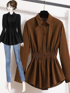 Slimming Long Sleeve Shirt Womens Autumn New Style plus Size MM Elegant Waist-Cinching High-End Feeling Top Korean Style Loose Fit