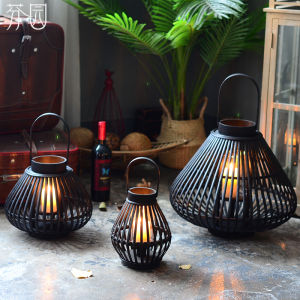 Decorative Black Bamboo Glass Lantern Candle Holder