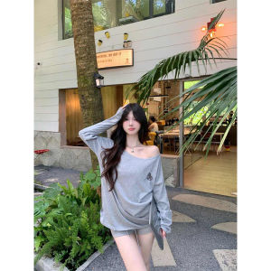 Cartoon Cat Hollow out Long Sleeve T-Shirt Womens Summer Lazy Loose Design Sweet Grey Versatile Top Breathable Polyester