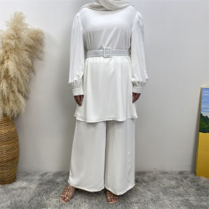 Arabian Waist Belt Long Sleeve Top And Straight Leg Pants Two Piece Set Womens Fashion Ensemble Polyester Fiber Long Trousers