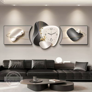 Living room wall art with clock  creative dining table background wall-mounted clock  three-panel painting