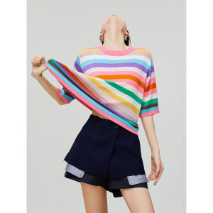 XIAODADEHUA | Design Feel Youthful Rainbow Striped Short Sleeve T-Shirt