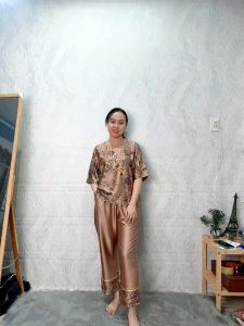 T17 Đồ bộ mặc nhà trung niên lụa Latin tay lở quần ống suông dài 9 tấc Bộ trung niên Huy Hà size lớn từ 50 - 75 kg