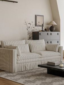 Retro Style Cotton Linen Sofa Full Disassembly And Wash Straight Row Embrace Sofa for Small Apartments Striped Fabric Art Sofa