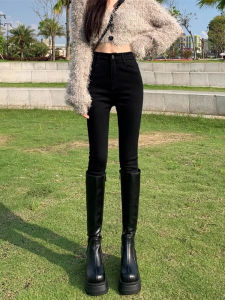 กางเกงยีนส์ทรงเข้ารูปเอวสูงสีดำ สำหรับผู้หญิง ไซส์เล็ก ฤดูใบไม้ร่วง/ฤดูหนาว กางเกงกระชับสัดส่วนแบบหนา ทรงเข้ารูป ทรงเข้ารูป