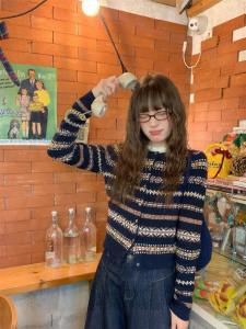 NIHAOKANONG | Áo Cardigan Knit Màu Đậm Phong Cách Fair Isle Cho Mùa Xuân Lười Biếng