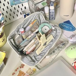 Large Capacity Girls Pencil Case 2025 New Style Korean Style Stationery Storage Bag High Aesthetic Value Canvas Material Pure Color