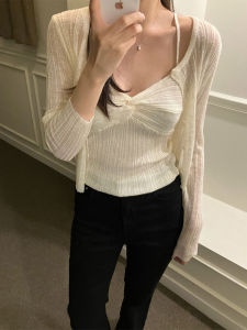 Korean Style Long Sleeve Ice Silk Knitted Cardigan Top Womens Fashion Versatile Short Length Sun Protection Two-Piece Set