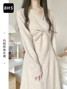 Autumn Winter Womens Knitted Sweater Dress Soft Style High Waist A-Line Skirt Long Sleeve V-Neck Inner Wear with Coat Dress