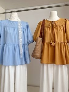 เสื้อเชิ้ตแขนสั้นผ้าลินินคอตตอนสไตล์เกาหลีสำหรับผู้หญิง ทรงเข้ารูป ทรงพอดีตัว ด้านบนเป็นเสื้อผ้าเด็ก ทรงพอง ทรงเข้ารูป