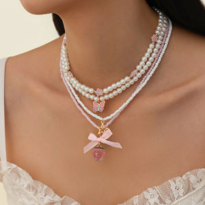 Salircon Romantic Lovely Pink Strawberry Bowkont Pendant Women Necklace Set Elegant Multilayer Imitation Pearl Choker Jewelry