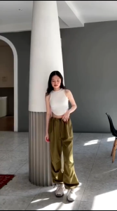 Celana Cargo Pants Wanita Serut Highwaist Loose Korean Style Bahan Rosetta