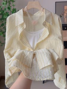 Áo Sơ Mi Chống Nắng Sọc Phong Cách Hàn Quốc Rộng Rãi Mỏng Thời Trang Mùa Hè Cho Nữ Áo Vest Hai Mảnh Áo Sơ Mi Cổ Polo Tay Dài