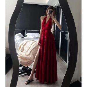 Váy Dài Không Tay Cổ Chữ V Màu Đỏ Kiểu Pháp Hở Lưng Cho Nữ Mùa Hè Đi Biển Váy Midi Cạp Cao Váy Dự Tiệc Mùa Hè Váy Dài