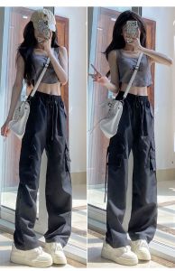 กางเกงขายาวทรงตรงสีชมพูสไตล์ย้อนยุคแบบอเมริกันสำหรับผู้หญิงในช่วงฤดูร้อน กางเกงขายาวทรงตรงบางเอวสูง กางเกงขายาวลำลอง