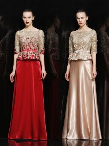 ชุดราตรีวันแต่งงานหรูหราสำหรับคุณแม่ของเจ้าสาว ชุดราตรียาวสุดสง่างาม แขนยาว คอวี กระโปรงทรงเอ ชุดราตรีสุดหรู