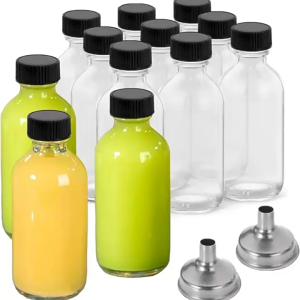 Superb 12Piece Glass Bottles with Lids & 3 Funnels - 60/120Ml Bottles 2/4 Oz Clear for Juice Ginger Shots Whiskey