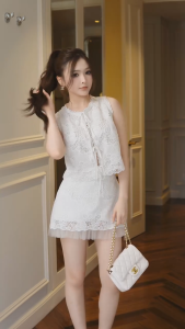 Set áo váy ren hoa trắng Khiết Style phối lưới tinh tế thắt nơ áo xinh xắn phong cách trẻ trυng trong trẻo KS261