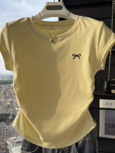 Summer Butterfly Knot Embroidered Short Sleeve round Neck T-Shirt Womens Slim Fit Casual Top Floral Print Mini Length Shirt