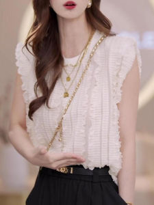 Shalldoer | Áo sơ mi không tay xếp ly kiểu Pháp dành cho nữ mùa hè 2025 thời trang mới thiết kế kết hợp viền răng cưa gỗ cổ tròn dài thường